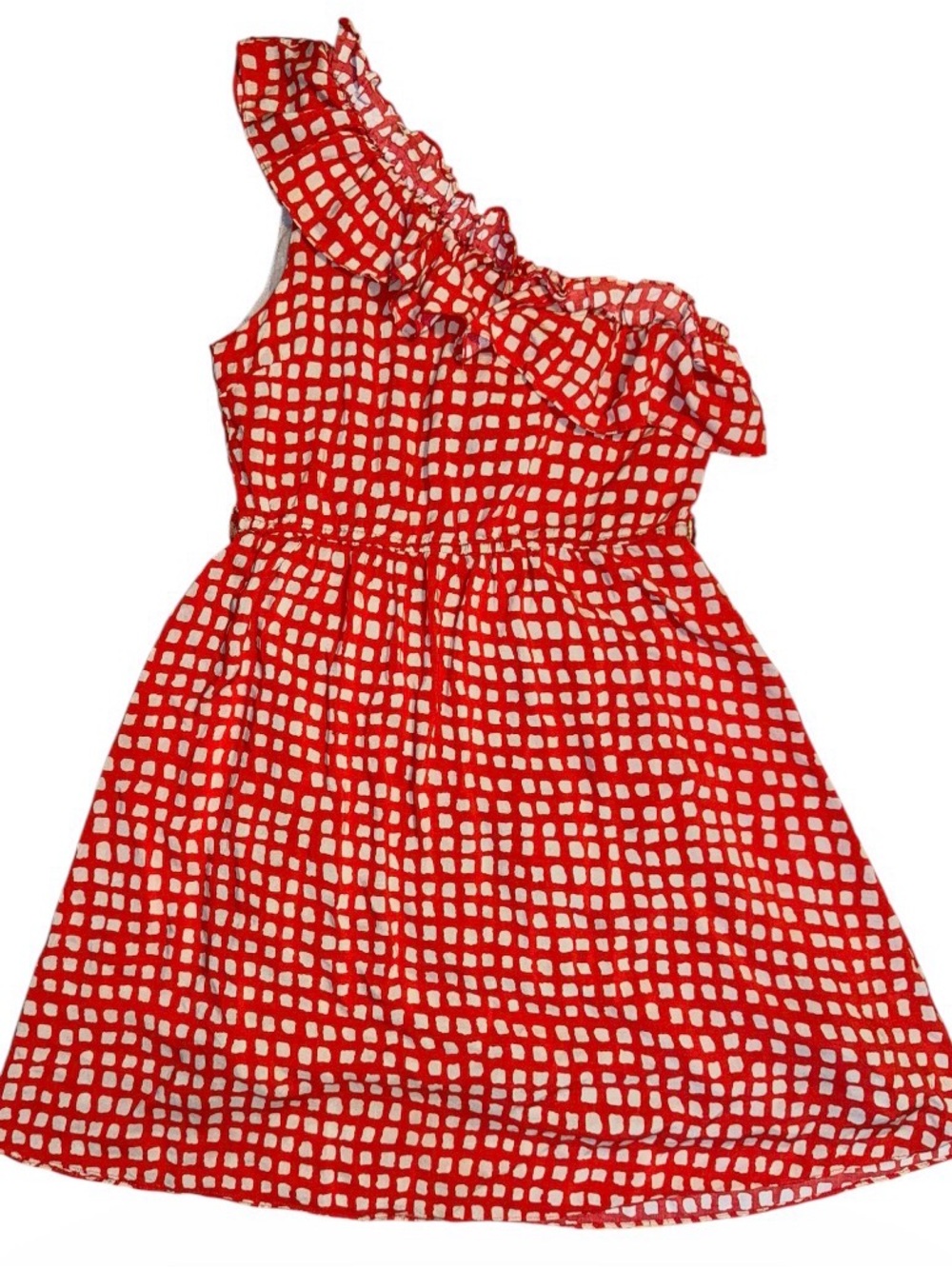 NWT Hazel Red One-Shoulder Gingham Check Dress Ruffle Asymmetrical Large